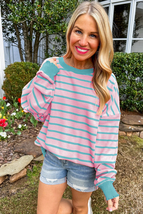 Stripe Trimmed Round Neck Drop Shoulder Loose Sweater